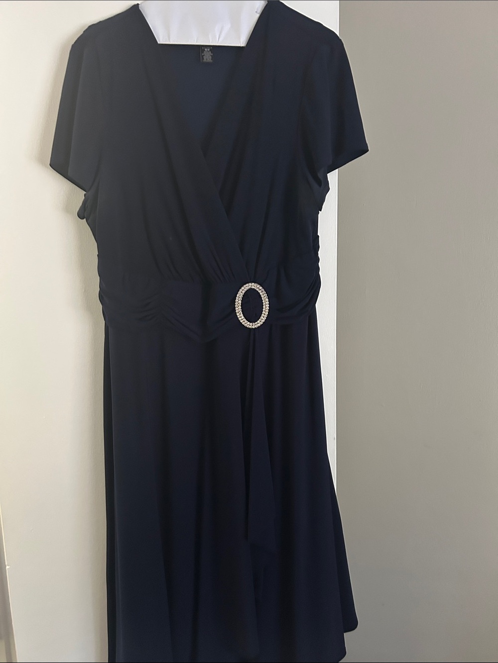 Elegant Navy Wrap Dress with Rhinestone Accent